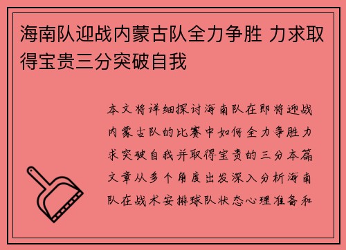 海南队迎战内蒙古队全力争胜 力求取得宝贵三分突破自我