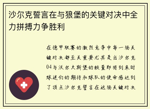 沙尔克誓言在与狼堡的关键对决中全力拼搏力争胜利